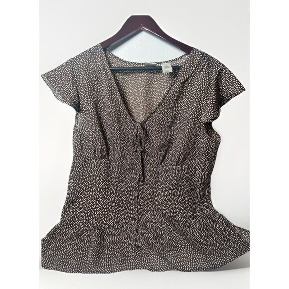 Babydoll Top Y2K 16 Brown Ruffle Flouncy Sleeve Polka Dot Coquette Fairy Emma - Picture 1 of 6